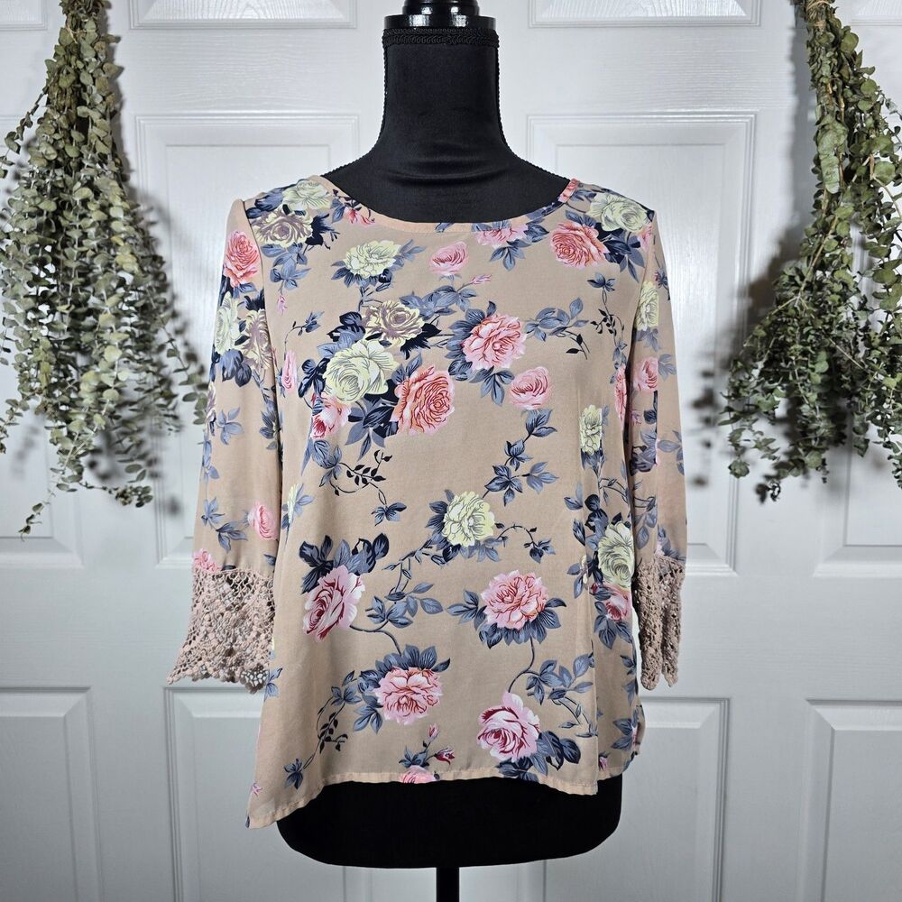 Marisol Womens Floral Blouse Tan Crochet Sleeve Sheer Lightweight Medium